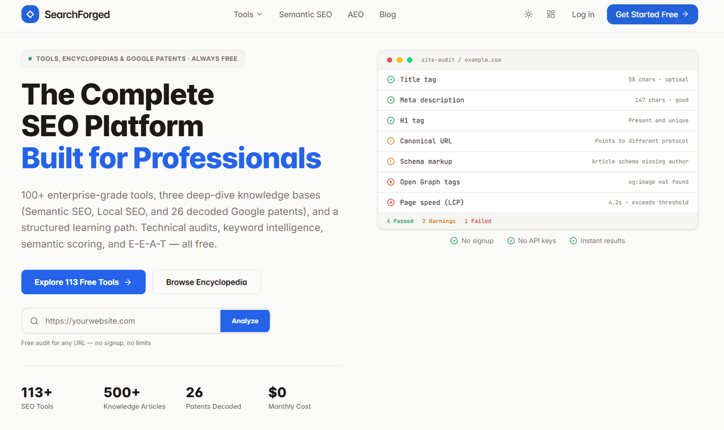 SearchForged website design: SEO tools and knowledge platform