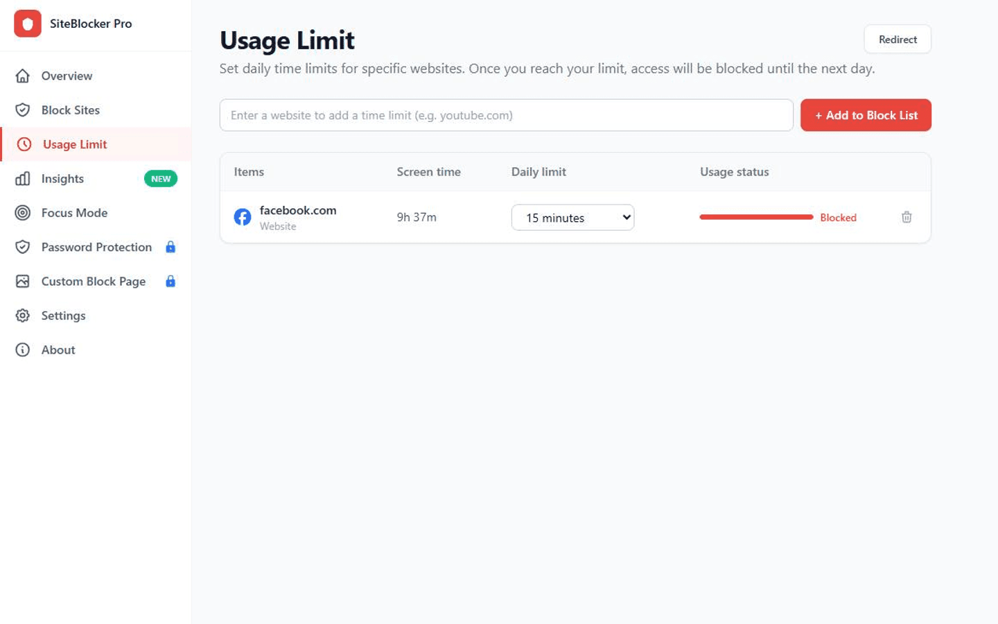 SiteBlocker Pro browser extension: Website blocking and daily usage limits