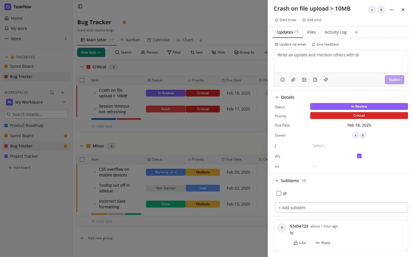 TaskFlow web application: Project management and bug tracking board